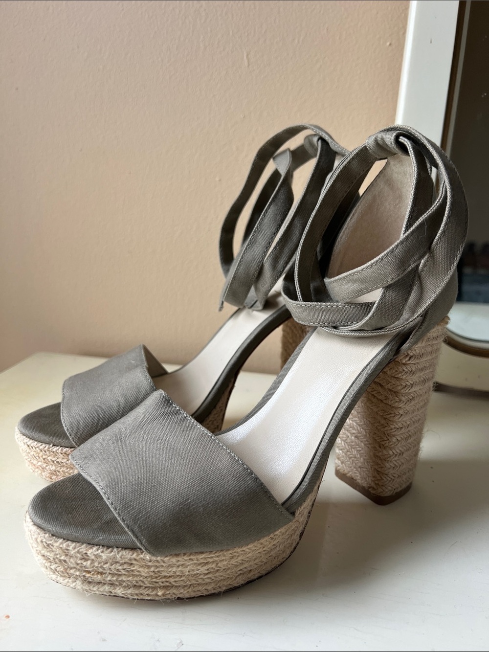 RAYE Safe Green Espadrille Platform Heel Sandals with Ankle Wrap